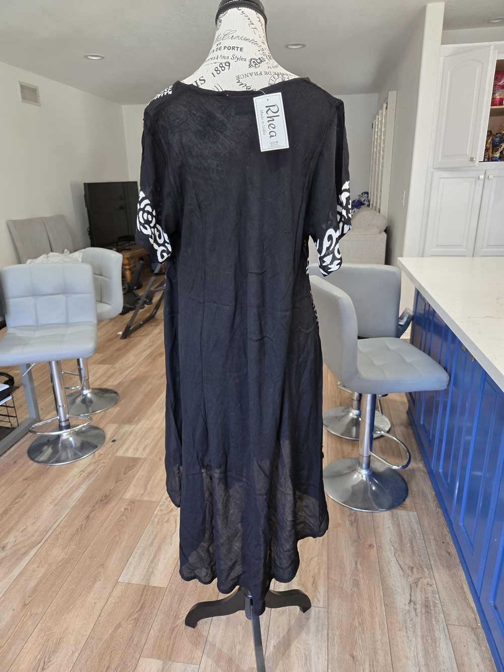 Black Maxi Dress with White Embroidered Sleeves.  100% Viscose.  Made In India.